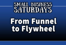 Two Tone Blue Image - White Text that Showcases The Small Business Saturdays: Title Reads: From Funnel to Flywheel...